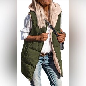 🆕Reversible Long Vests Sleeveless Fleece Jacket Zip Up with Pockets